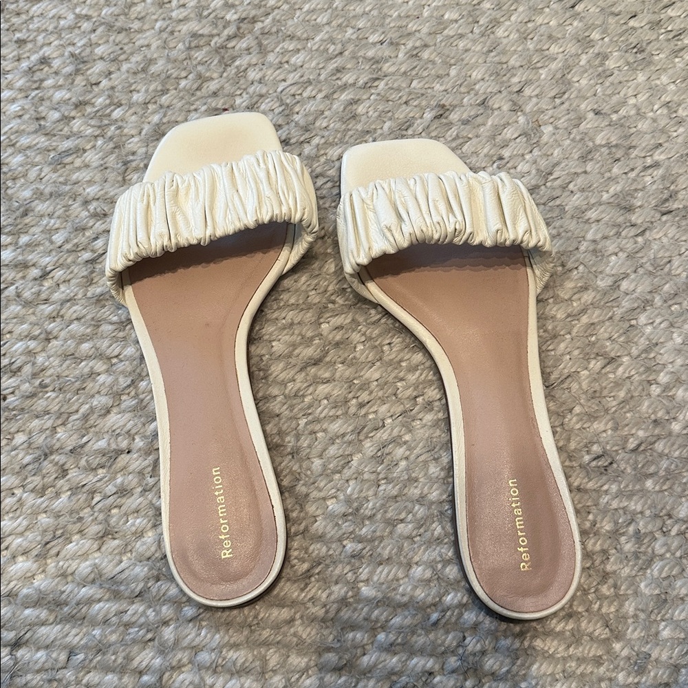 Reformation Ivory Ruched Slide Sandals